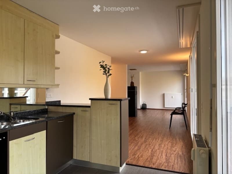 modern kitchen with island, wooden cabinetry, black countertops, dishwasher, sink, faucet, built-in appliances, vase with plants, chair, radiator