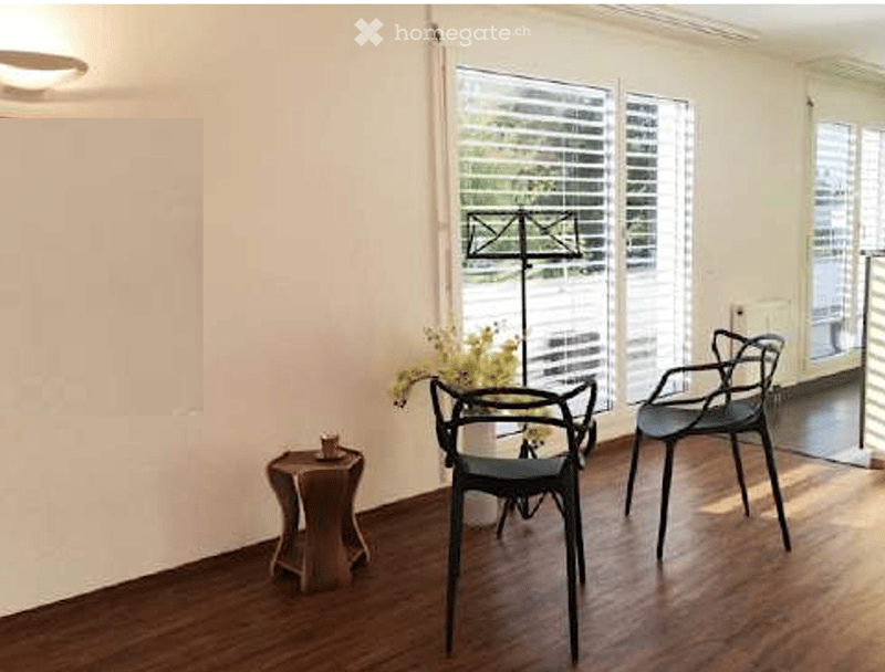 wooden floor, white walls, large windows, flowerpot, chairs, table