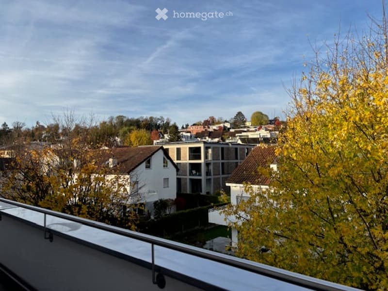 balcony with metal railings, view of neighborhood with houses and trees, blue sky with clouds