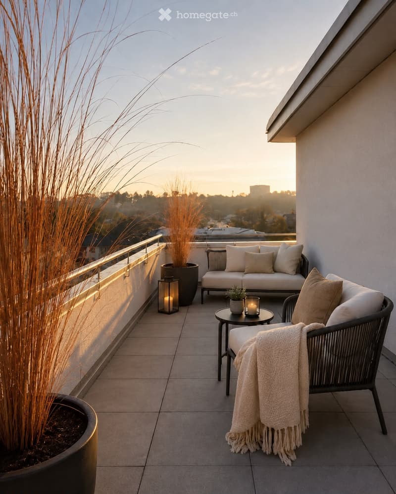 Balcony with a sofa, chair, small table, candles, and potted plants, overlooking a cityscape at sunset.