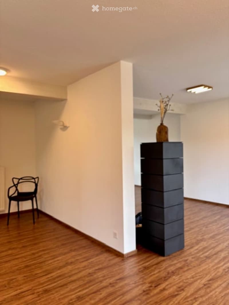 Wooden floors, white walls, black chair, cabinet, wall lamp, heater