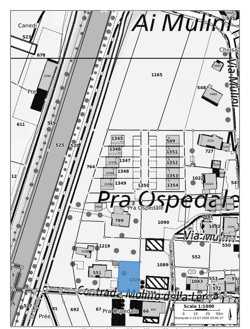Floor plan of a residential area showing multiple buildings and plots with numbered designations, streets labeled including Via Mulini and Via Ospedale, and surrounding structures.