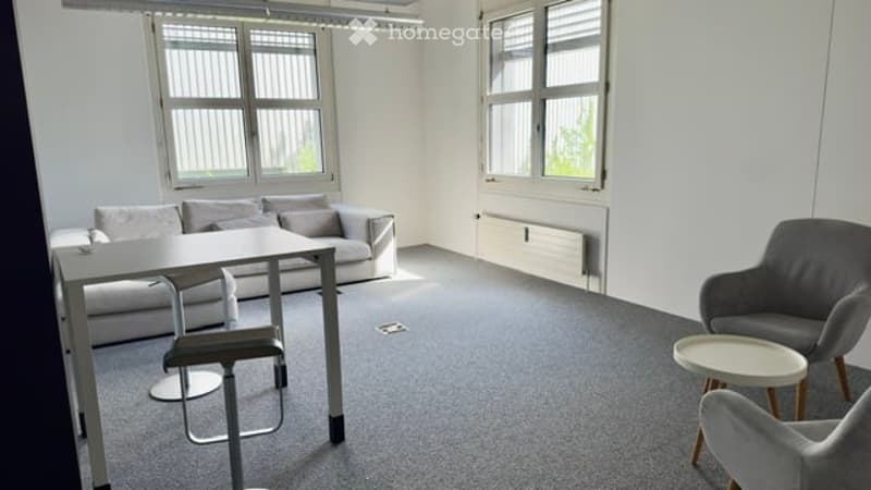 A modern, minimalist living room with a grey carpeted floor, white walls, and large windows. The room features a grey sofa, a white coffee table, a grey armchair, and a small round white side table.