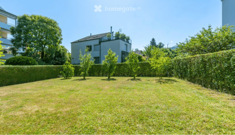 Well-maintained garden with neatly trimmed hedges, small trees, and a lawn, with a modern house in the background.