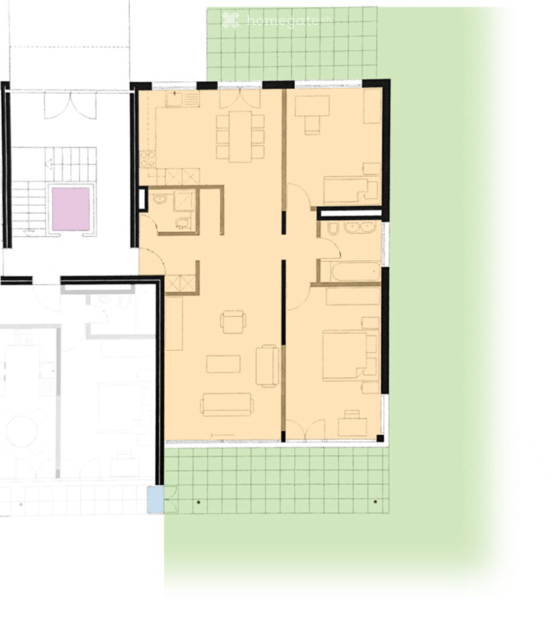 Floor plan of a two-story house with living room, dining area, kitchen, three bedrooms, two bathrooms, and a balcony.