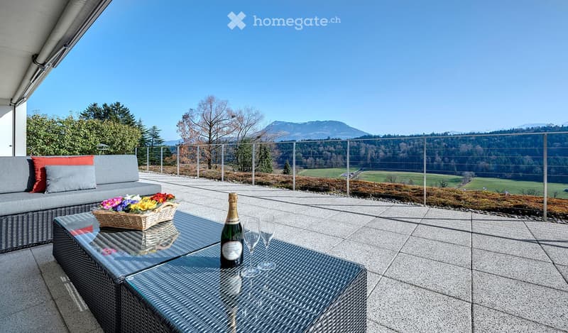 Balcony with a view of mountains, featuring a grey sofa, a glass coffee table, a wine bottle, two wine glasses, and a flower basket.