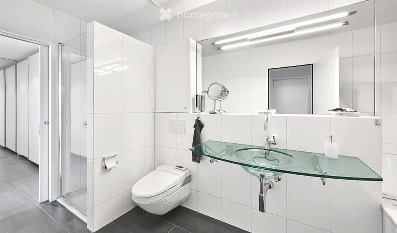 Modern bathroom with white tiles, a glass sink, a toilet, a large mirror, and a vanity cabinet.
