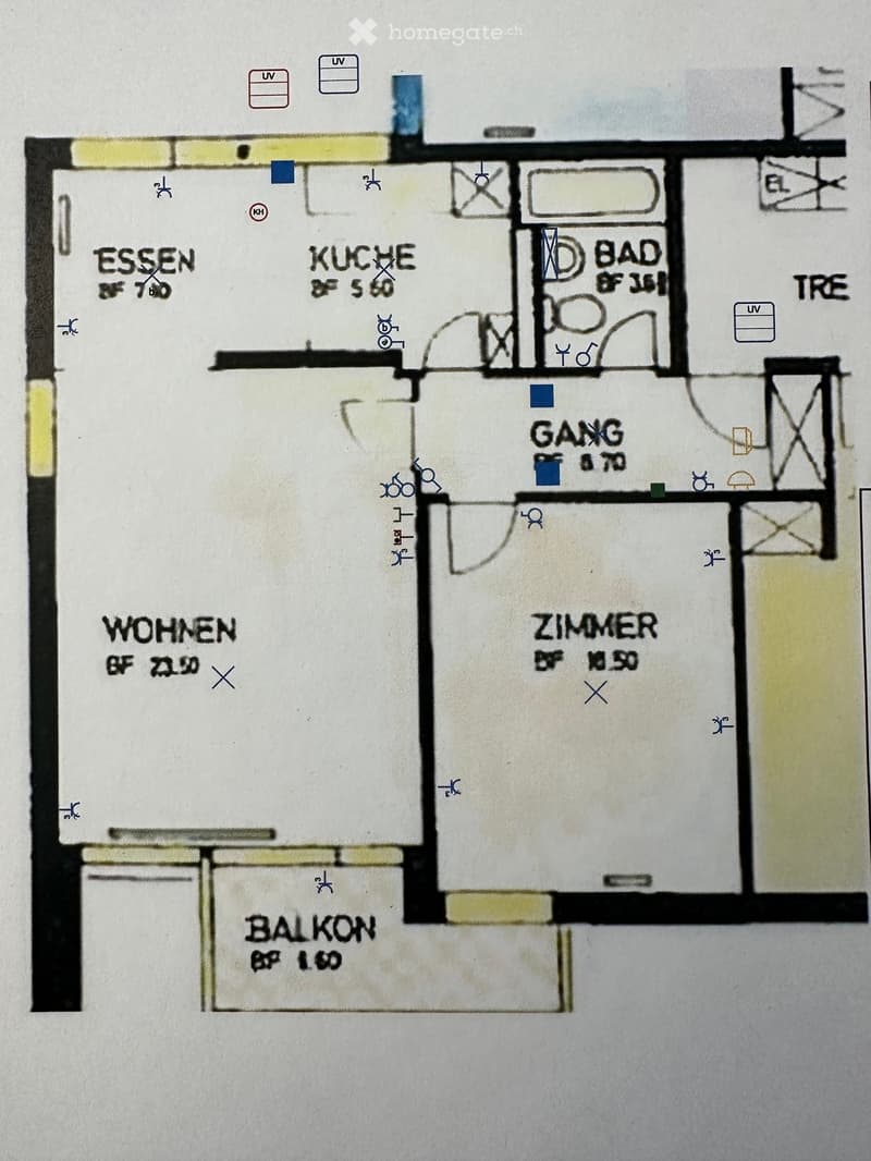 Floor plan showing a living area (WOHNEN), dining area (ESSEN), kitchen (KUCHE), bathroom (BAD), hallway (GANG), bedroom (ZIMMER), and balcony (BALKON).