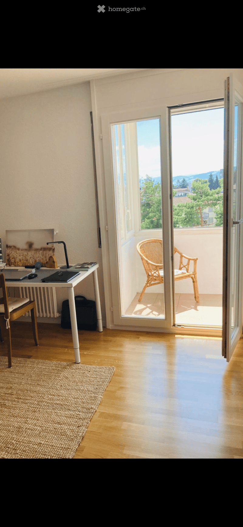desk, chair, radiator, rug, balcony, sliding glass doors, wicker chair, view