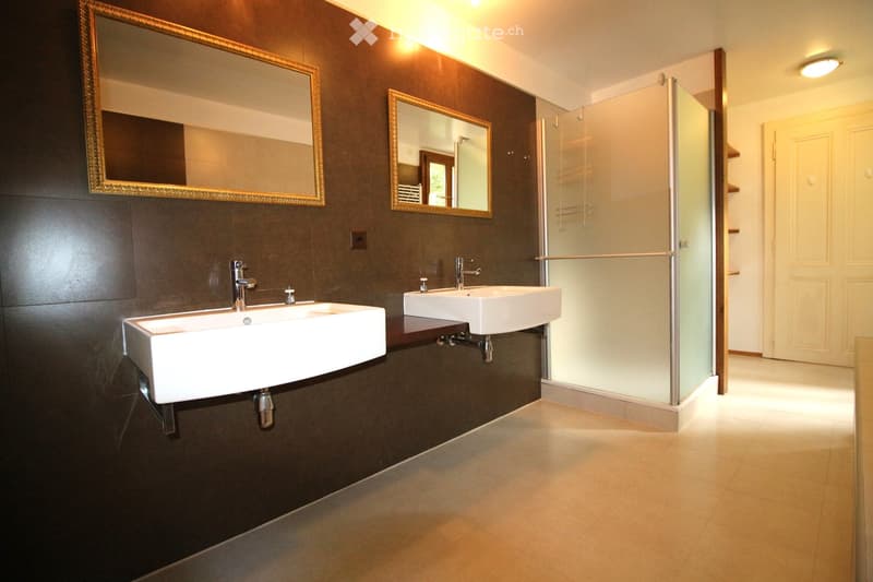 Modern bathroom with two white sinks, chrome faucets, dark brown tiled walls, and a glass-enclosed shower area.