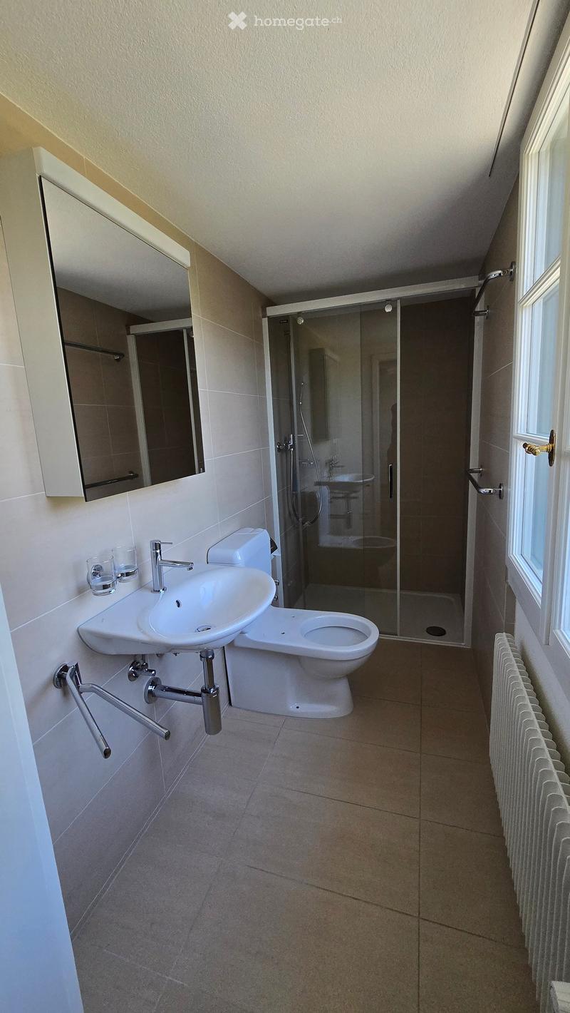 Modern bathroom with a sink, toilet, mirror, and a glass-enclosed shower area. The room features beige tiles and a radiator on the wall.