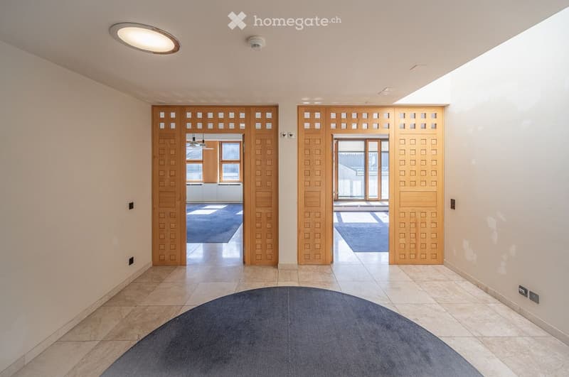 Modern hallway with light-colored walls, tiled floor, and decorative wooden doors leading to other rooms. Features recessed lighting and a round blue rug in the foreground.