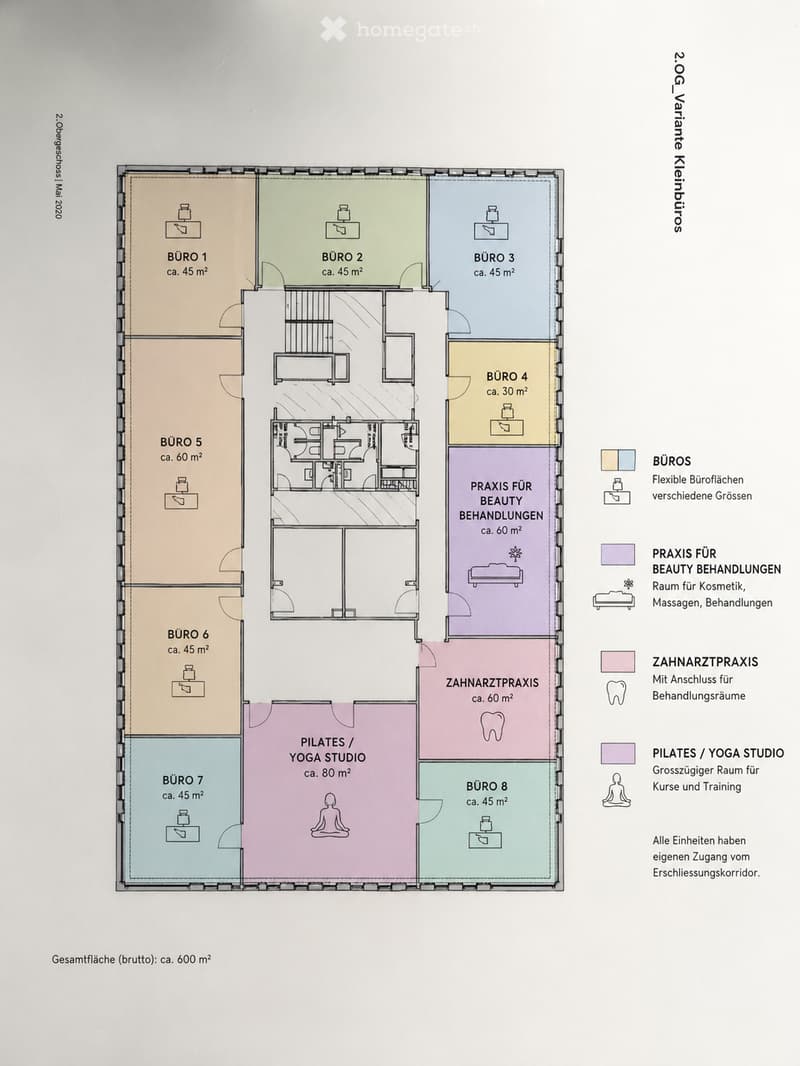 Floor plan showing eight offices, a beauty treatment room, a dental practice, and a Pilates/Yoga studio, each with individual access from a corridor.