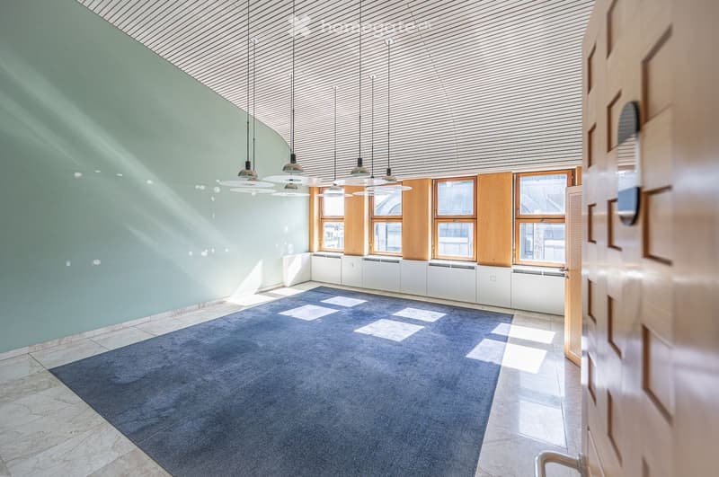 Bright, modern hallway with a blue carpet, white walls, large windows with wooden frames, and hanging pendant lights.