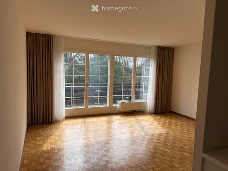Empty room with wooden parquet flooring, large windows with curtains, and a radiator beneath the windows.
