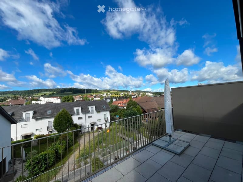 Balcony with metal railing, tiled floor, and a view of a suburban neighborhood with houses, trees, and a clear blue sky.