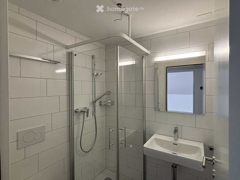 Modern bathroom with a glass-enclosed shower, a white sink, and a large mirror with built-in lighting.