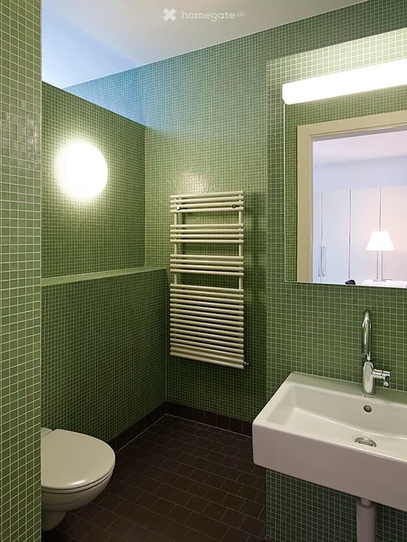 Modern bathroom with green tiled walls, dark tiled floor, white toilet, white sink with chrome faucet, radiator, and a large mirror with built-in lighting.