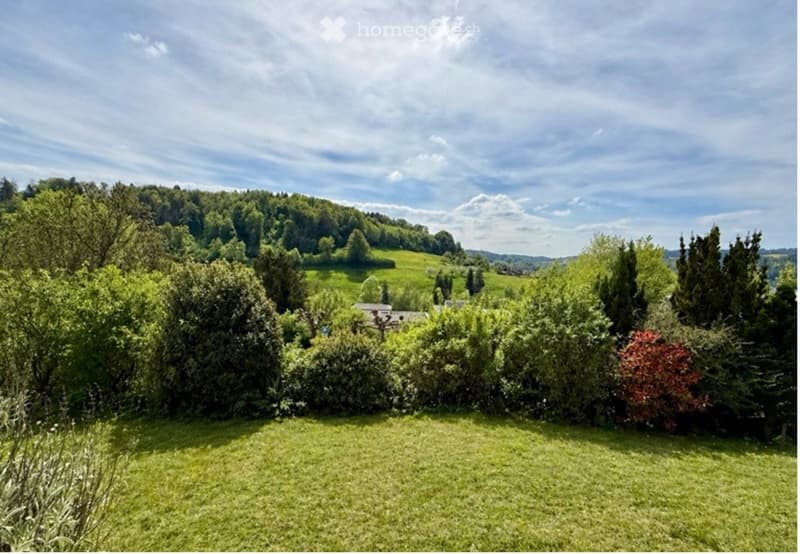 A wide, lush green lawn surrounded by a variety of trees and bushes, with a distant view of a house and a rolling green hill under a partly cloudy sky.