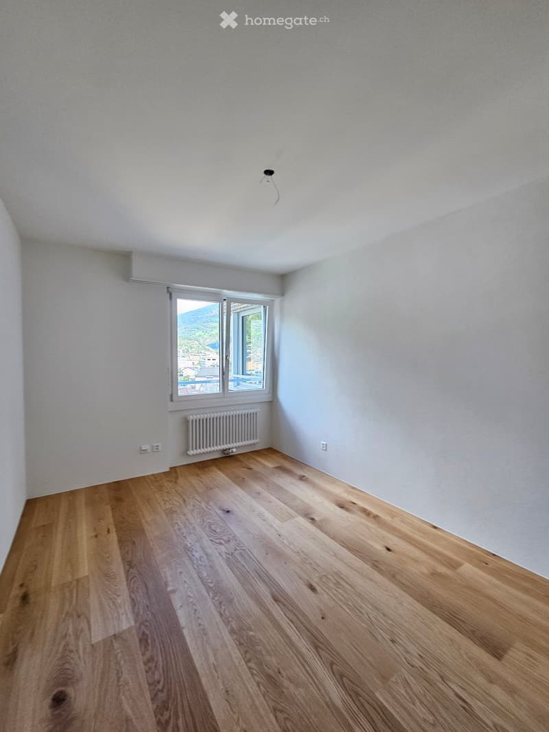 empty room, white walls, wooden floor, window with view, white radiator