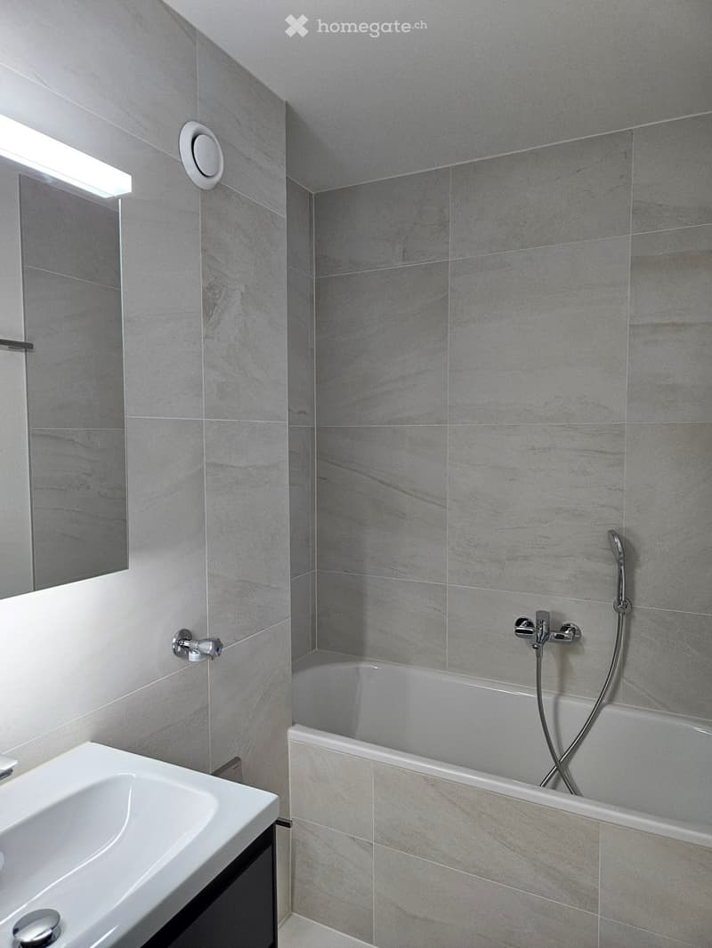 Modern bathroom with gray tiled walls, bathtub, shower head, sink, mirror, and silver fixtures