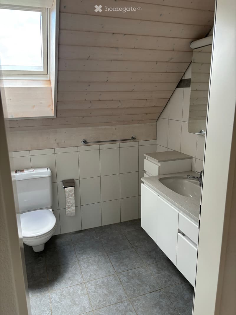 Modern bathroom with white tiled walls, grey tiled floor, white toilet, sink with cabinet, and a mirror above the sink.