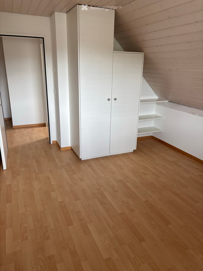 Empty room with wooden flooring, white walls, and built-in white closet with shelves.