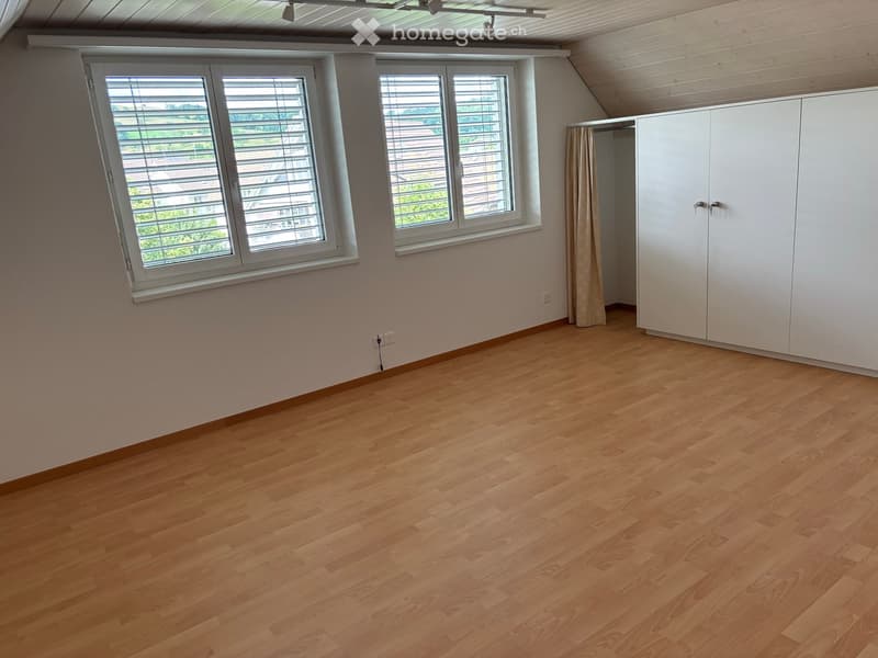 Empty room with wooden flooring, white walls, large windows with blinds, and a built-in wardrobe with a curtain.