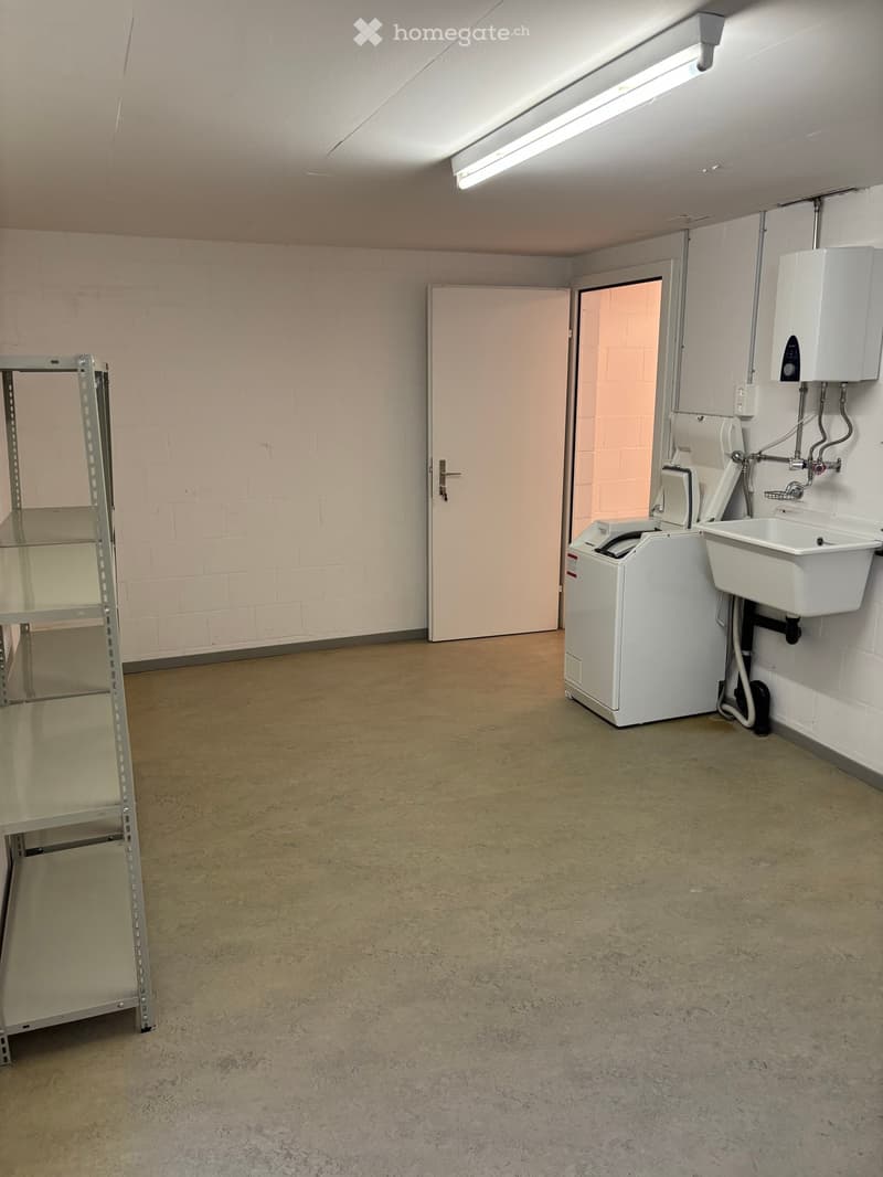Utility room with a washing machine, sink, and metal shelf. The room has a concrete floor and white brick walls.