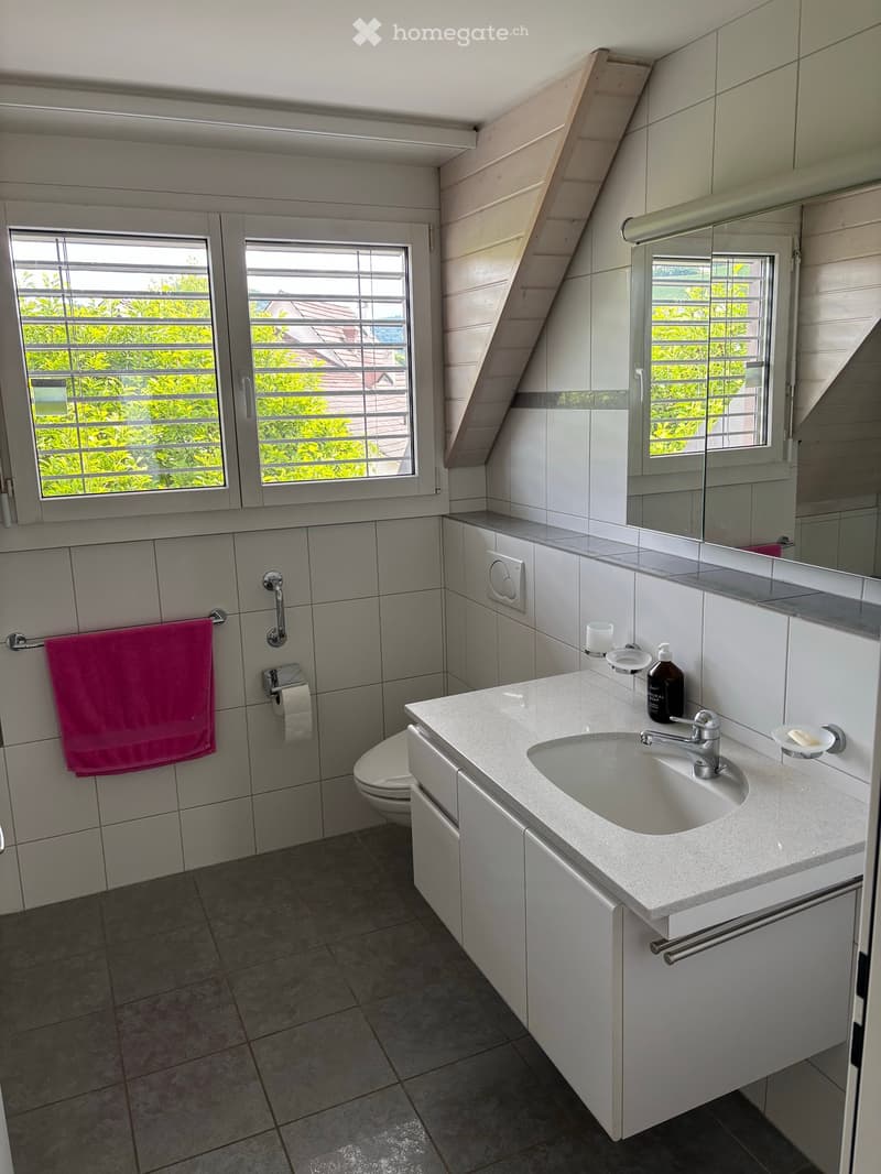 Modern bathroom with white tiled walls, a white sink with a chrome faucet, a toilet, a pink towel, and a large mirror above the sink. The room has large windows with blinds and a slanted ceiling typical of an attic space.