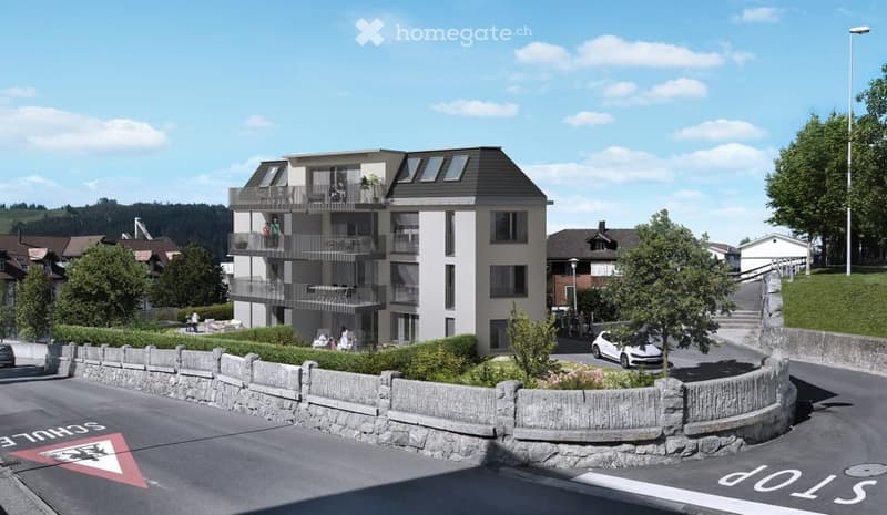 New apartment building, 3 floors, balconies, street facing, parking area, garden area