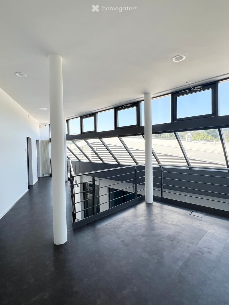 Modern, minimalist hallway with dark tiled flooring, white walls, large windows, and a metal railing leading to an upper level.