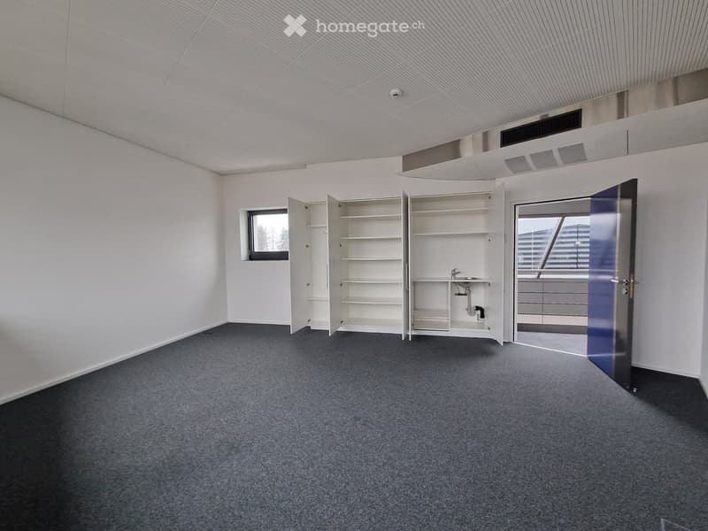 Empty room with white walls, grey carpet, built-in shelving unit, sink, and a door leading outside.