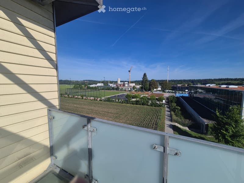 Balcony with glass railing, overlooking a landscaped area with fields, buildings, and a clear blue sky.