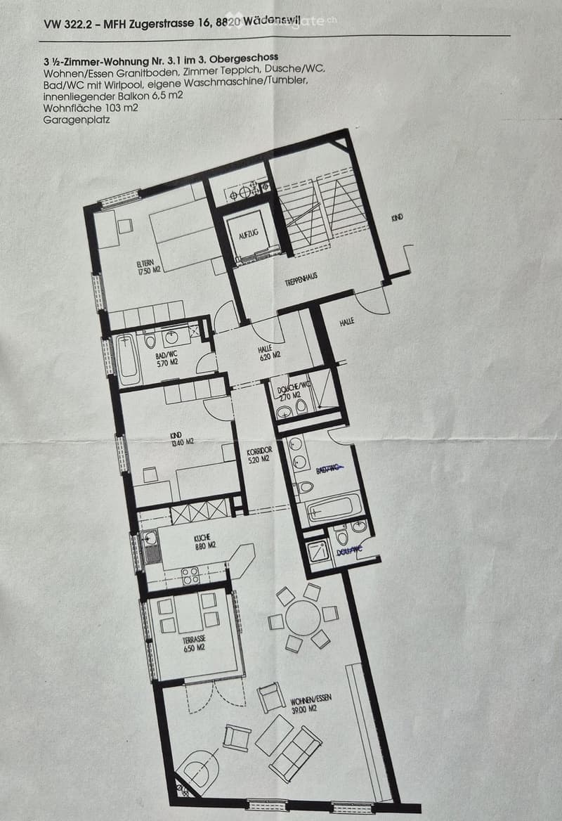 Floor plan of a 3.5-room apartment on the3rd floor, featuring a living/dining area, kitchen, bedroom, bathroom, hallway, and terrace.