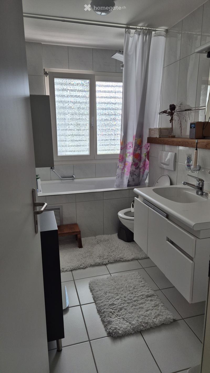 Modern bathroom with a sink, toilet, shower curtain, and a fluffy rug on the floor. The space is well-lit with a window providing natural light.
