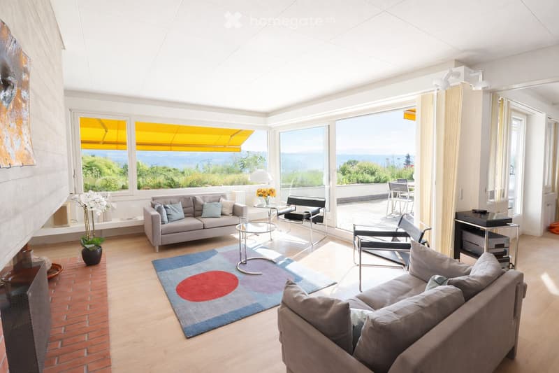 Bright living room with large windows offering a scenic ocean view, featuring a grey sofa, coffee table, chairs, a colorful rug, and a fireplace.