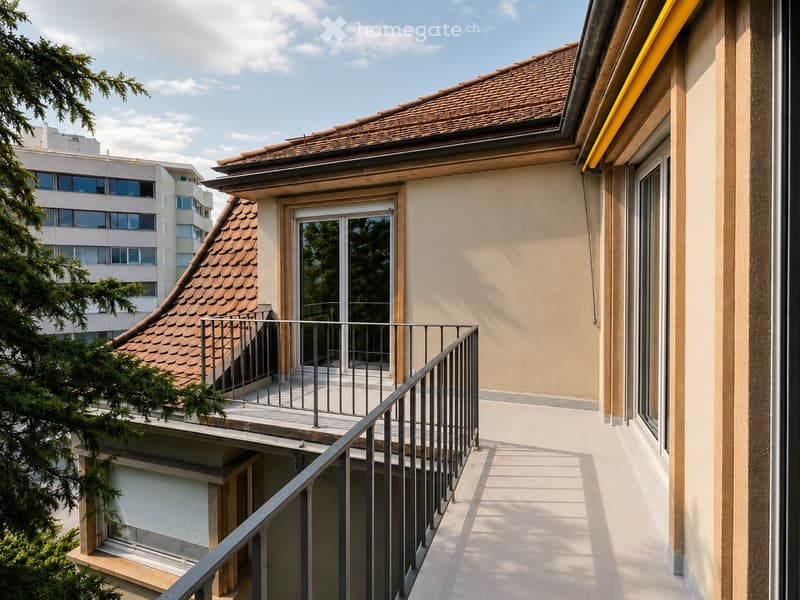 Balcony with metal railing, glass door leading to a roof terrace with a tiled roof and a view of neighboring buildings.