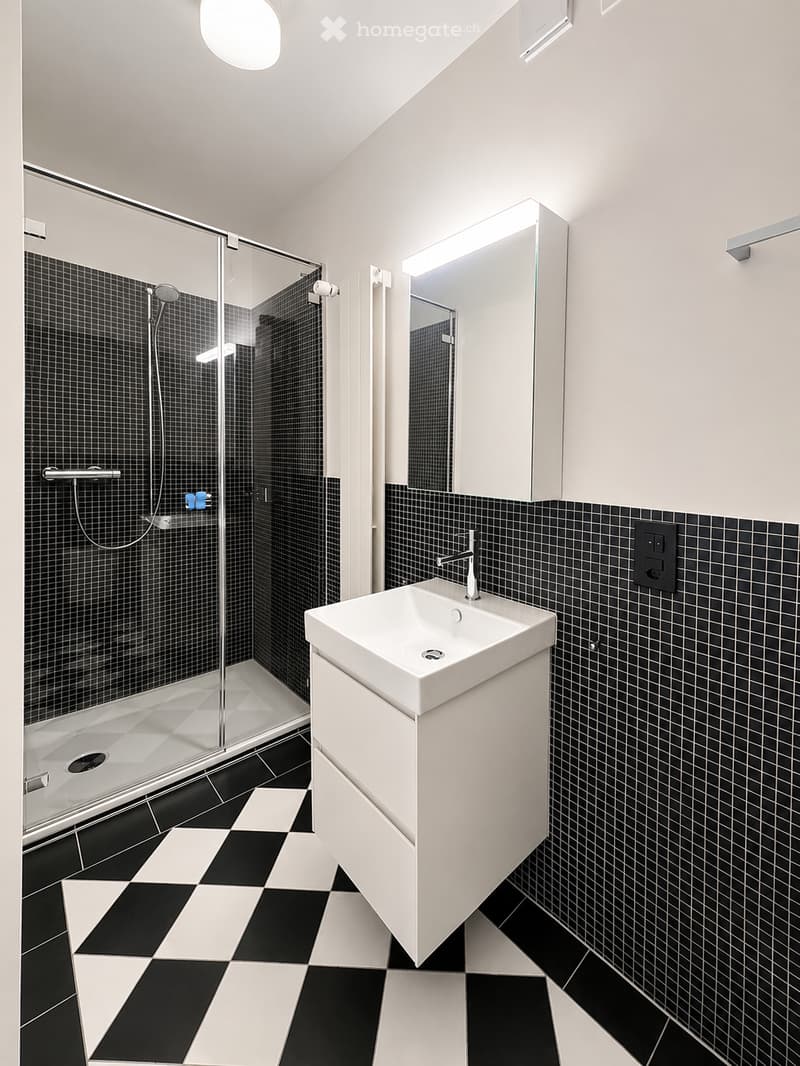 Modern bathroom with black and white checkered floor, white sink with modern faucet, large mirror with built-in lighting, and a glass-enclosed shower with black tiled walls.