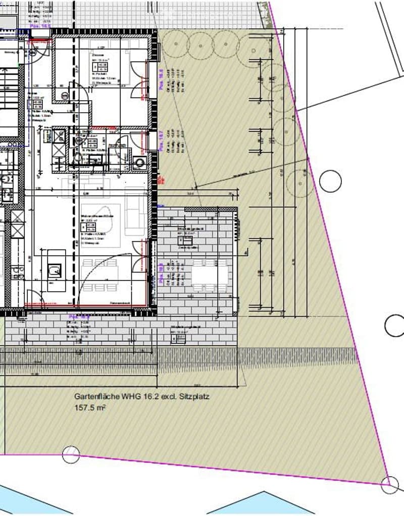 Floor plan of a multi-room residential space, including living room, kitchen, bedrooms, bathrooms, and a garden area.