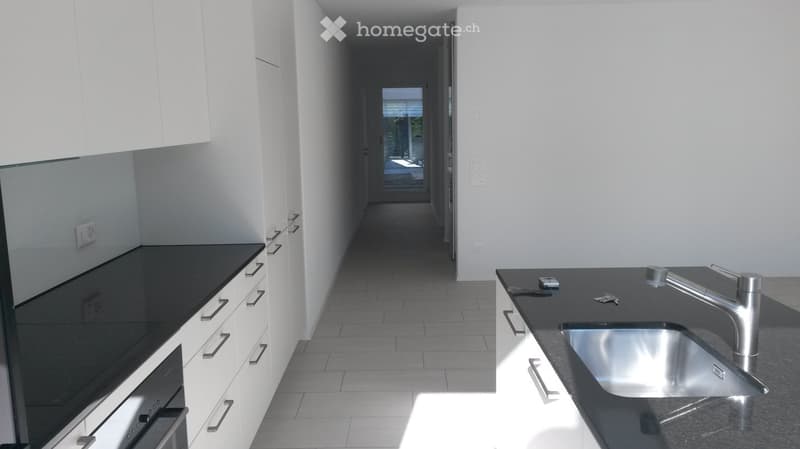 Modern kitchen with white cabinets, black countertops, and a stainless steel sink.