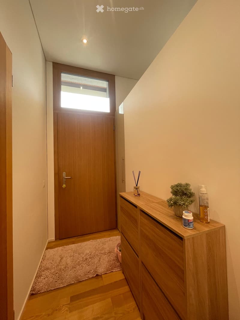 A narrow hallway with wooden flooring, a small wooden cabinet with drawers, a potted plant, and a small rug near the door.
