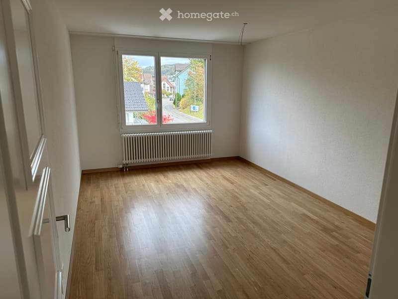 empty room, wooden floor, white walls, large window, white radiator