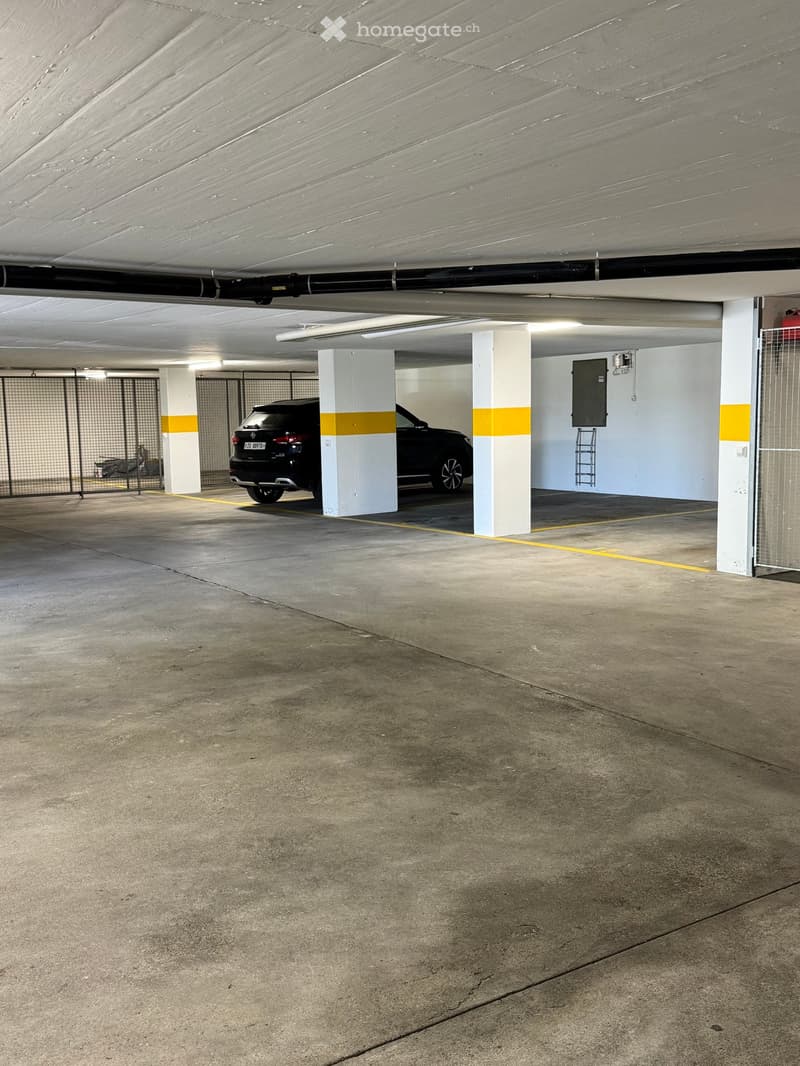 Underground parking area with a parked car, concrete pillars, and a gated entrance.