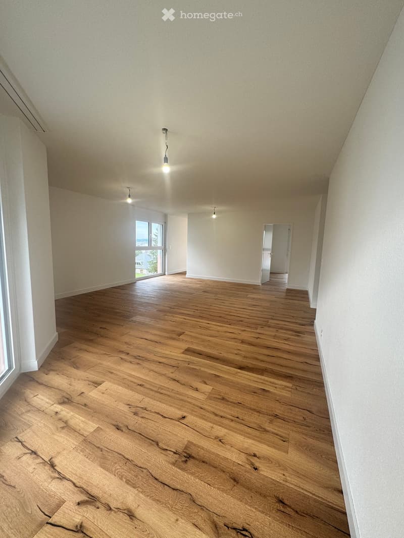 Empty room with hardwood floors, white walls, large windows, and ceiling lights
