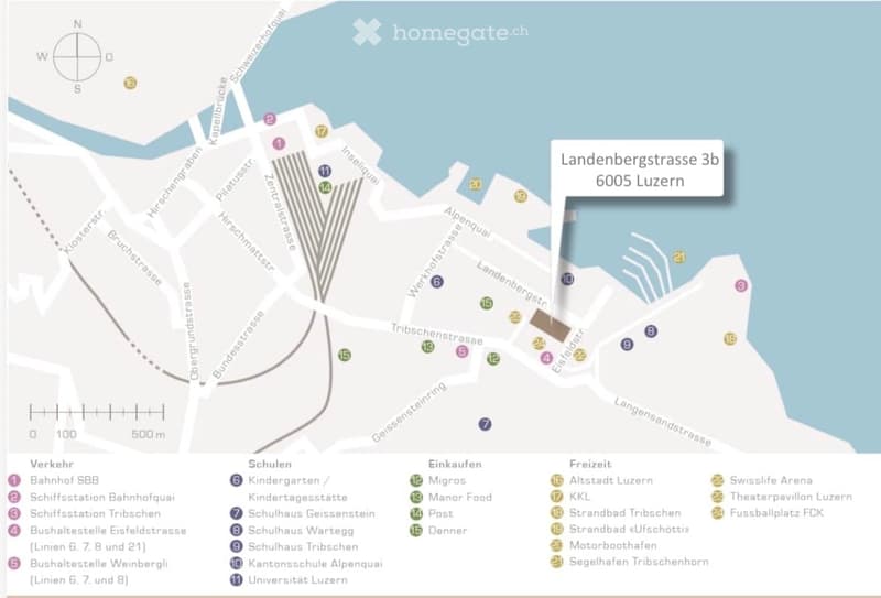 Map showing the location of Landenbergstrasse 3b, 6005 Luzern, with surrounding streets, landmarks, and points of interest.