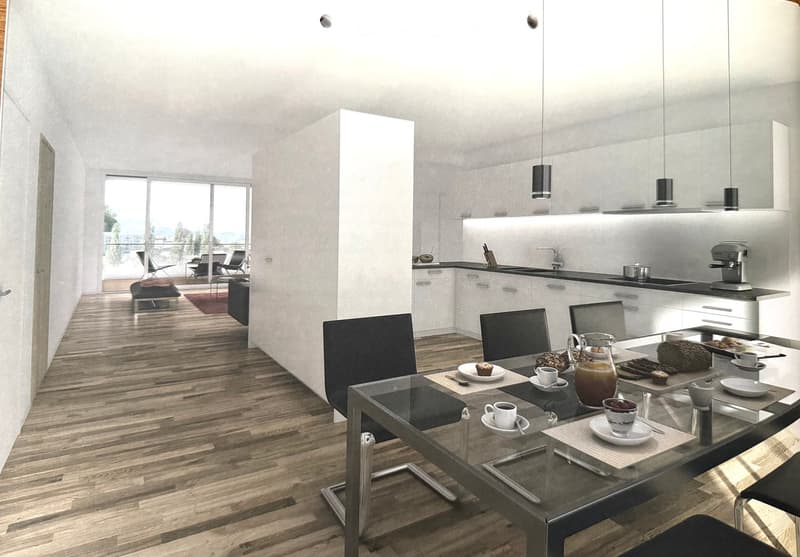 Modern kitchen and dining area with white cabinets, black countertops, a glass dining table with chairs, and a view of a balcony with outdoor seating.