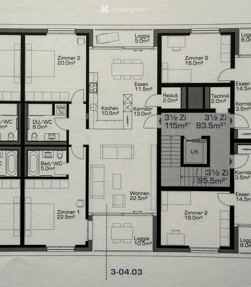 Floor plan showing multiple rooms including living area, bedrooms, kitchen, bathrooms, corridors, and loggias. Features include a lift and various room sizes labeled in square meters.