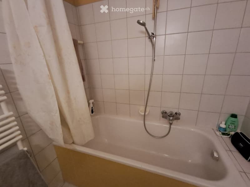 Bathroom with a bathtub, showerhead, faucet, towel, bottle, and radiator.
