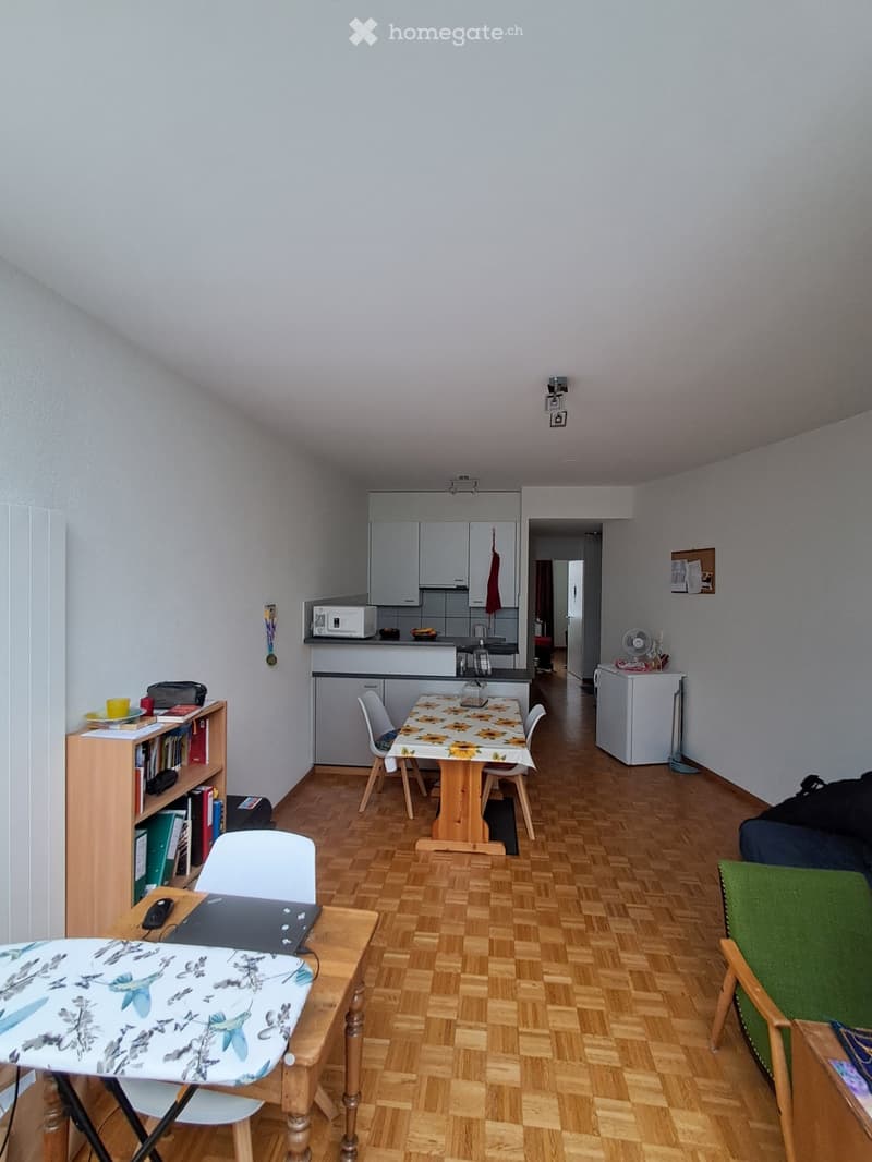 A cozy, well-furnished room with wooden flooring, a dining table with chairs, a bookshelf, a laptop on a small table, a sofa, and a small kitchen area with cabinets and appliances.